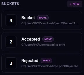 The Move Buckets sidebar in SnapCuller showing hotkeys assigned to destination folders