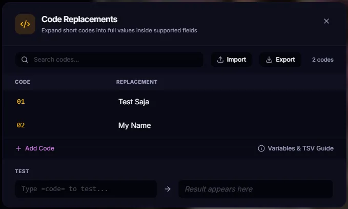 Code replacement dictionary