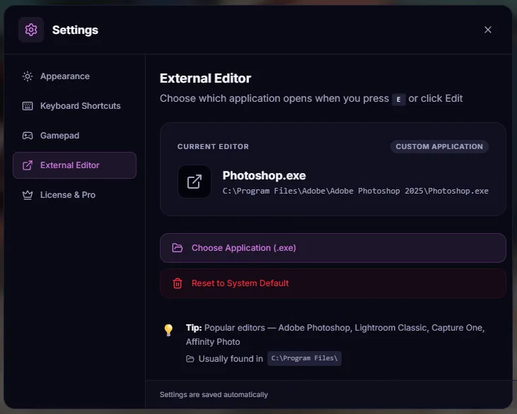External editor settings