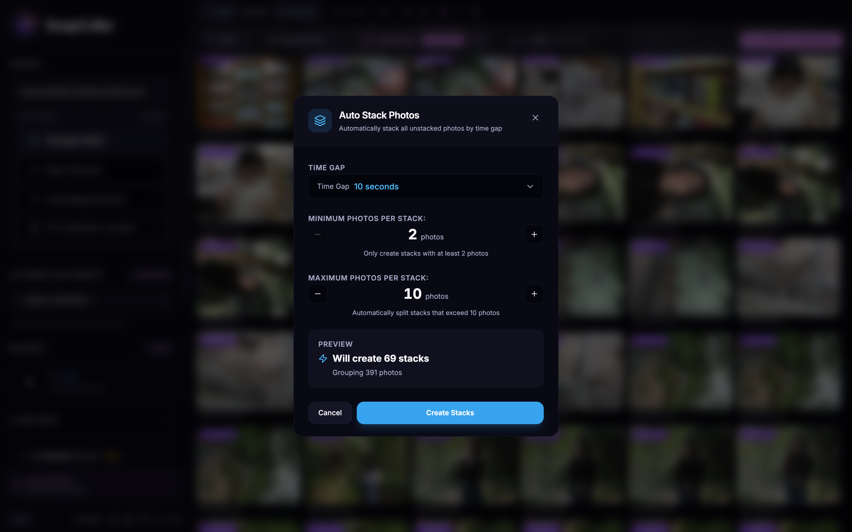 Auto Stack dialog: set time gap, minimum and maximum photos, and preview results before creating