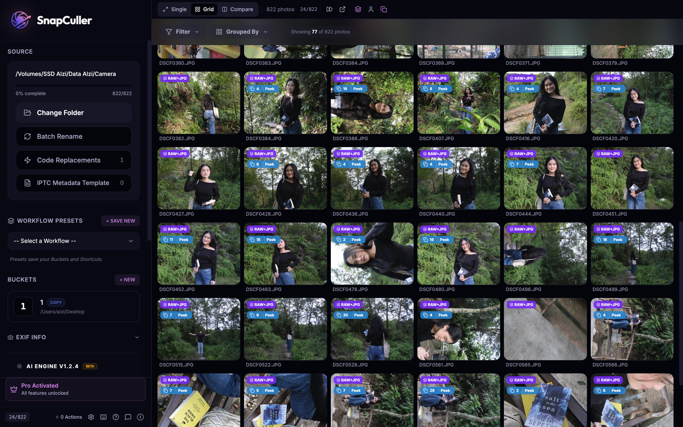 Grid View with stack badges showing how many photos are inside each group