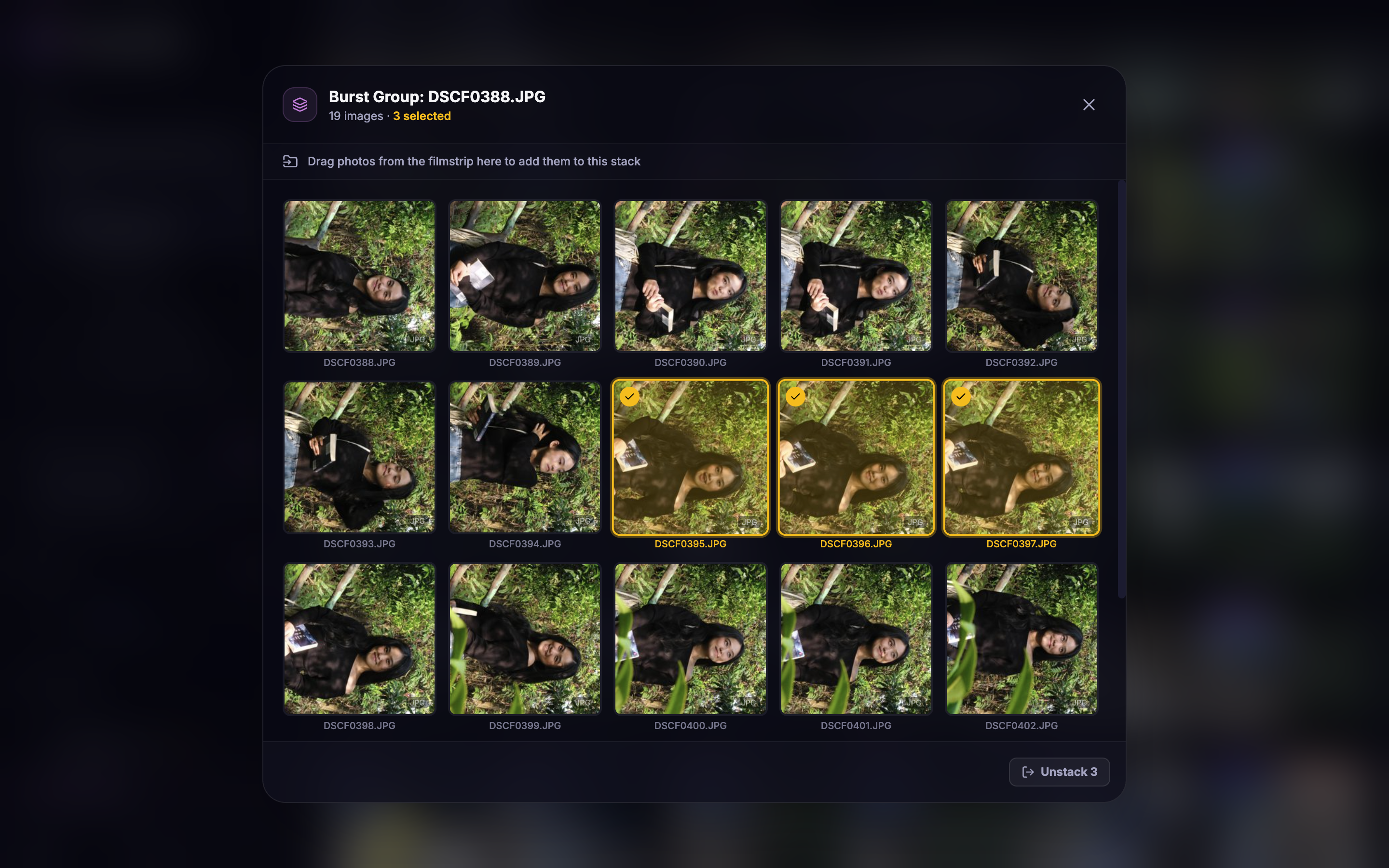 Click Peek to see all photos in a stack, select the best ones, and click Unstack