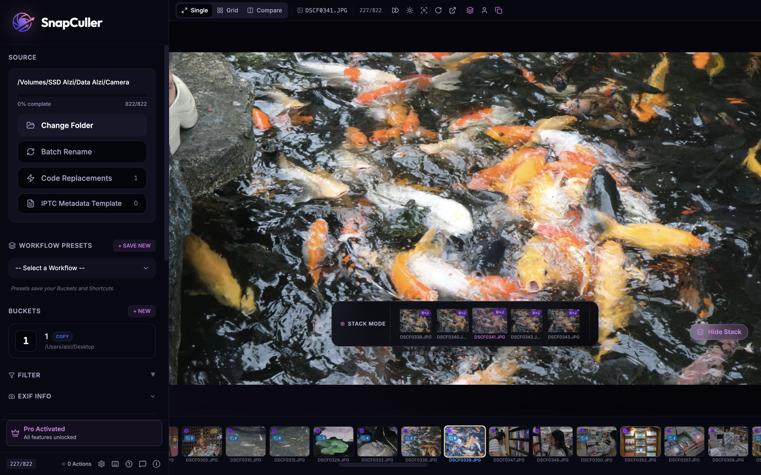 The Stack Strip in Single View lets you inspect the burst frames in detail
