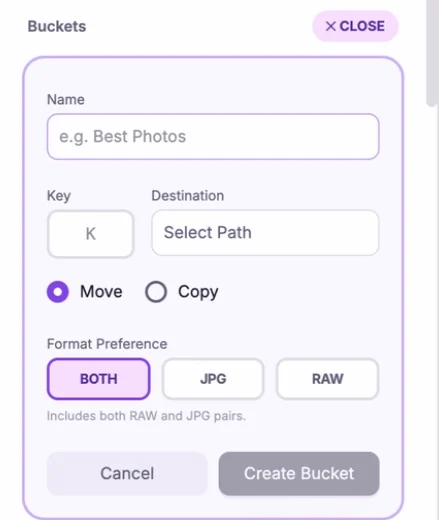 SnapCuller New Bucket form with Move or Copy and a RAW, JPG or Both format preference