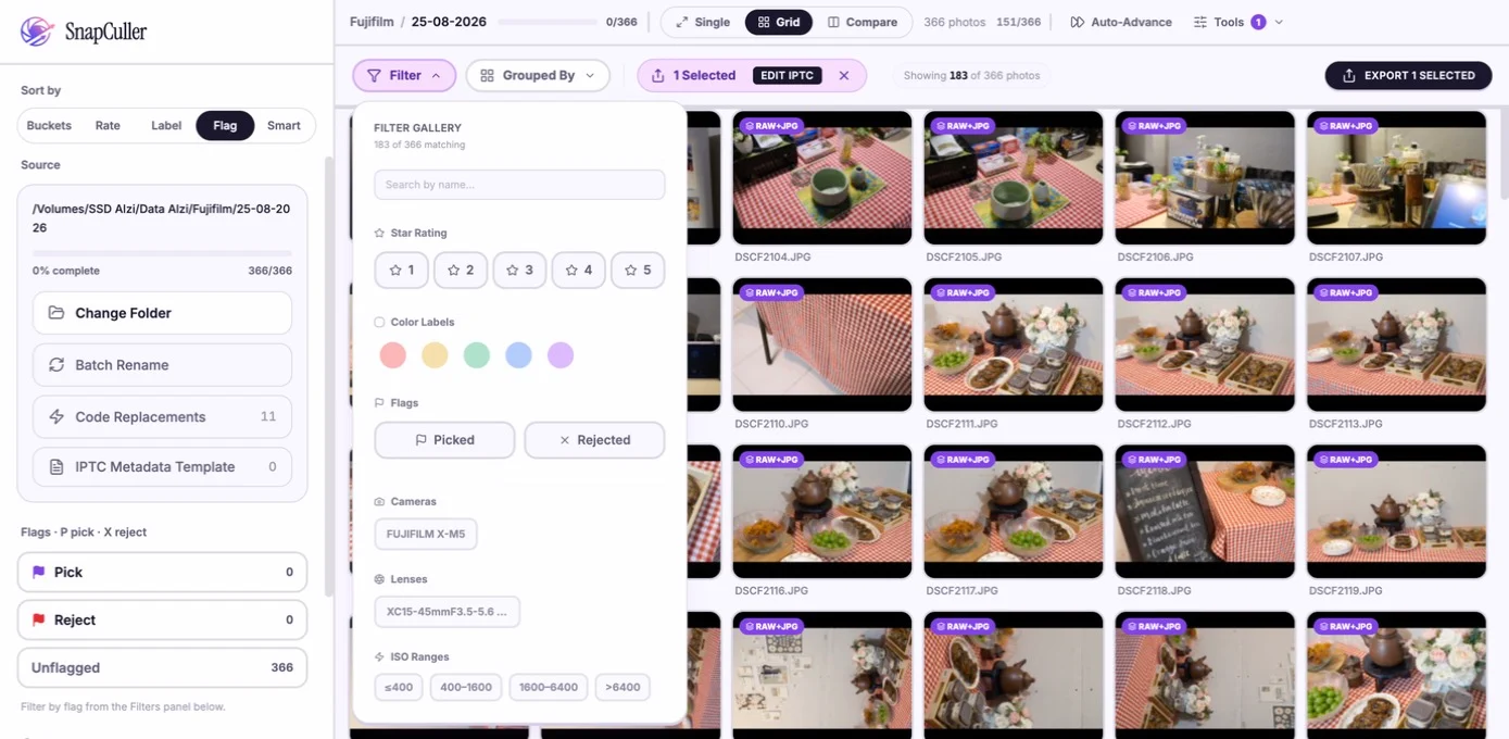 SnapCuller Filter Gallery menu with Star Rating, Color Labels and Picked or Rejected flag filters