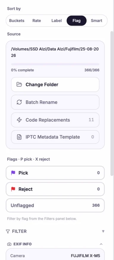 SnapCuller sidebar with Sort by Flag selected, showing Pick, Reject and Unflagged counters