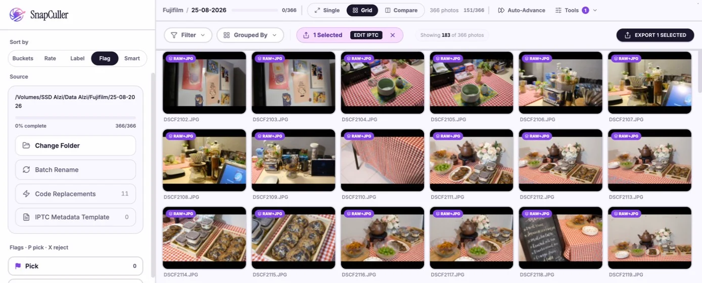 SnapCuller Grid View showing RAW+JPG paired thumbnails from a Fujifilm shoot
